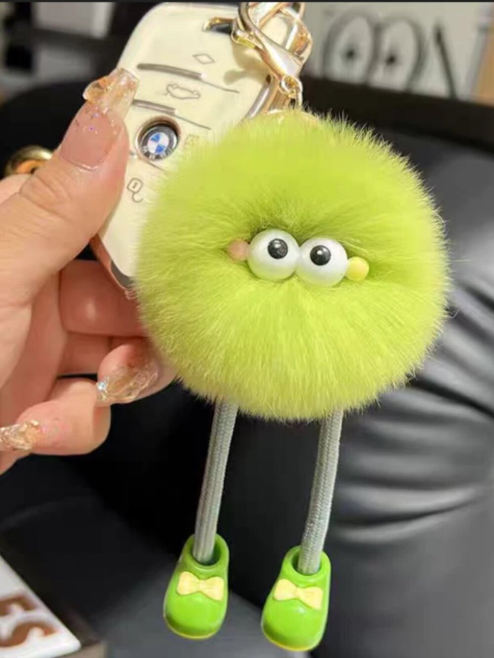 Cute Monster Pom Pom with Legs Fluffy Keychain 2-Piece Key Chain Ring Bag Charm